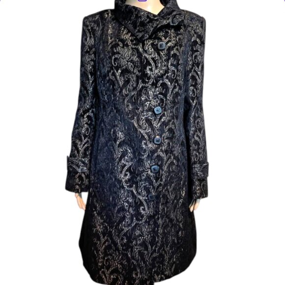 NWOT Linea Domani Black and Gold Jacquard Brocade Dress Coat Size 12 - Picture 3 of 9